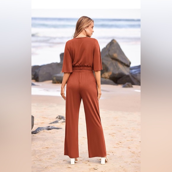 PRETTYGARDEN 2 Pc Outfit Short Sleeve Wrap V Neck Crop Tops Wide Leg Pants Set - Picture 5 of 12